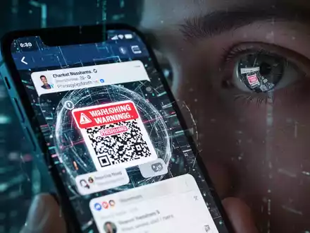Nahaufnahme eines Smartphones, das einen verzerrten Social-Media-Feed und einen QR-Code anzeigt, reflektiert im Auge einer Person. - Foto: über boerse-global.de