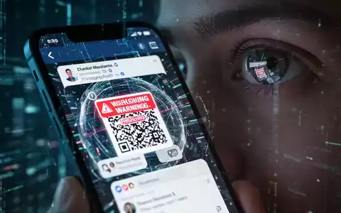 Nahaufnahme eines Smartphones, das einen verzerrten Social-Media-Feed und einen QR-Code anzeigt, reflektiert im Auge einer Person. - Foto: über boerse-global.de