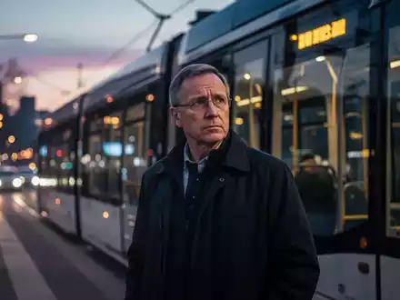 Ein Straßenbahnfahrer steht nachdenklich vor einer modernen Straßenbahn mit der verschwommenen Kulisse einer Stadt bei Dämmerung. - Foto: über boerse-global.de