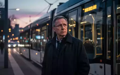 Ein Straßenbahnfahrer steht nachdenklich vor einer modernen Straßenbahn mit der verschwommenen Kulisse einer Stadt bei Dämmerung. - Foto: über boerse-global.de