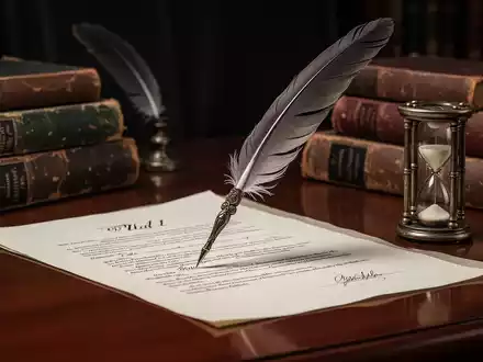Eine antike Feder liegt auf einem Testament oder Erbvertrag, umgeben von alten Büchern und einer Sanduhr auf einem Holztisch. - Foto: über boerse-global.de