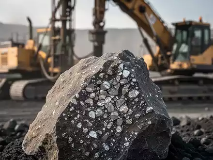 Nahaufnahme eines Bohrkerns mit metallischen Einschlüssen, im Hintergrund verschwommen Bergbauausrüstung auf einer Erkundungsstätte. - Foto: über boerse-global.de