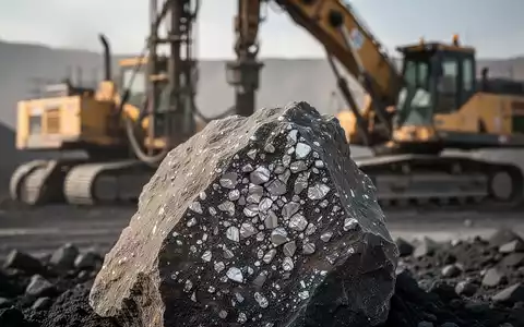 Nahaufnahme eines Bohrkerns mit metallischen Einschlüssen, im Hintergrund verschwommen Bergbauausrüstung auf einer Erkundungsstätte. - Foto: über boerse-global.de
