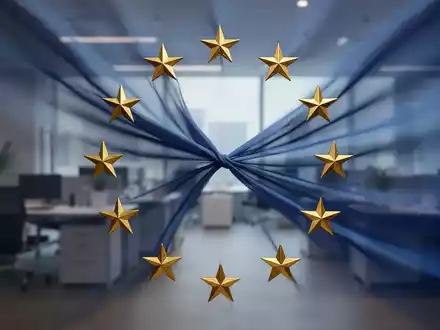 Eine stilisierte EU-Flagge, bei der einer der Sterne leicht gedehnt oder verzerrt wird, im Hintergrund ein unscharfes Büro. - Foto: über boerse-global.de