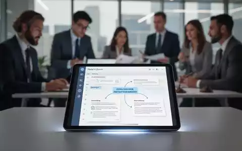 Ein Tablet zeigt eine digitale Tagesordnung mit verknüpften Dokumenten, im Hintergrund ein unscharfes Büro mit zusammenarbeitenden Personen. - Foto: über boerse-global.de
