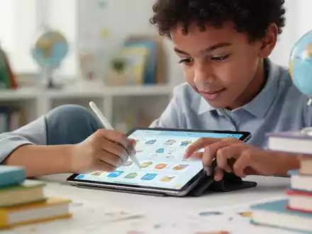 Ein Kind nutzt konzentriert ein digitales Lerntablet mit einem Stift, um Englisch zu lernen. Im Hintergrund sind Bücher und ein Globus. - Foto: über boerse-global.de