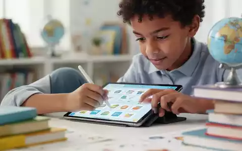Ein Kind nutzt konzentriert ein digitales Lerntablet mit einem Stift, um Englisch zu lernen. Im Hintergrund sind Bücher und ein Globus. - Foto: über boerse-global.de