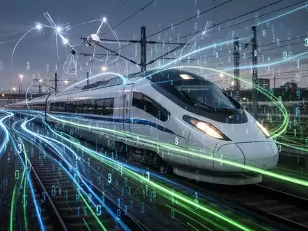 Moderner Zug auf Gleisen mit digitalen Datenströmen und leuchtenden Linien, die fortschrittliche Zugsteuerungssysteme und Satellitenkommunikation darstellen. - Foto: über boerse-global.de