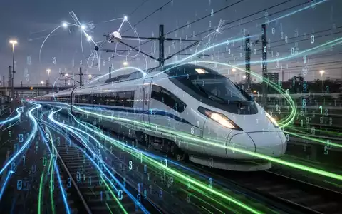 Moderner Zug auf Gleisen mit digitalen Datenströmen und leuchtenden Linien, die fortschrittliche Zugsteuerungssysteme und Satellitenkommunikation darstellen. - Foto: ĂŒber boerse-global.de