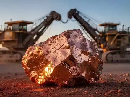 Nahaufnahme einer Kupfererzprobe mit verschwommenen Bergbaumaschinen im Hintergrund unter einem Wüstenhimmel bei Sonnenuntergang. - Foto: über boerse-global.de