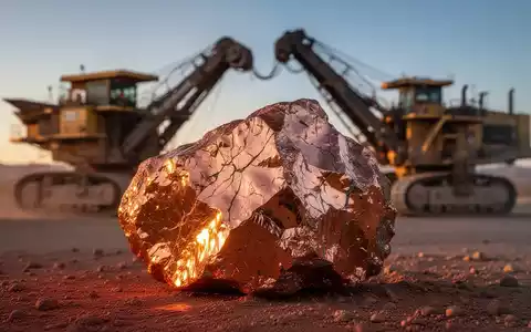 Nahaufnahme einer Kupfererzprobe mit verschwommenen Bergbaumaschinen im Hintergrund unter einem Wüstenhimmel bei Sonnenuntergang. - Foto: über boerse-global.de