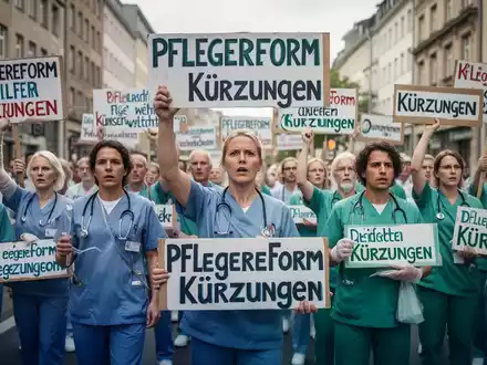 Pflegekräfte demonstrieren mit Schildern gegen die Pflegereform 2026 auf einer belebten Straße. - Foto: über boerse-global.de