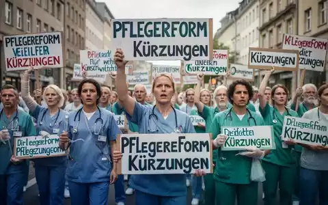 Pflegekräfte demonstrieren mit Schildern gegen die Pflegereform 2026 auf einer belebten Straße. - Foto: über boerse-global.de