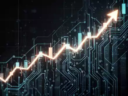 Ein stilisierter, aufwärts gerichteter Börsenchart mit abstrakten KI-Schaltkreismustern vor dunklem Hintergrund. - Foto: über boerse-global.de