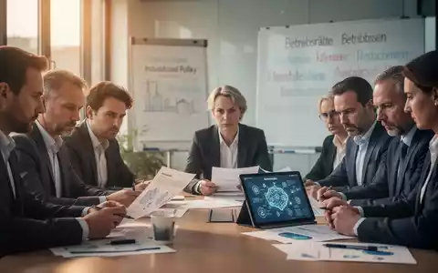 Betriebsräte in einer Besprechung, die Dokumente und eine Tablet-Anzeige mit KI-Grafiken diskutieren, im Hintergrund eine Tafel. - Foto: über boerse-global.de