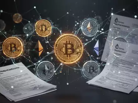 Eine stilisierte Blockchain mit Kryptowährungssymbolen, die sich mit abstrakten Steuerdokumenten und Vorschriften überschneiden. - Foto: über boerse-global.de