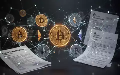 Eine stilisierte Blockchain mit Kryptowährungssymbolen, die sich mit abstrakten Steuerdokumenten und Vorschriften überschneiden. - Foto: über boerse-global.de
