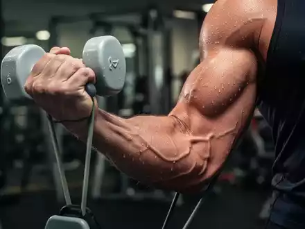 Nahaufnahme eines Arms beim Krafttraining mit einem leichten Gewicht, der Anstrengung und Muskelkontraktion zeigt. - Foto: über boerse-global.de