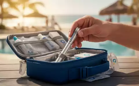Eine Hand legt einen Insulin-Pen in eine medizinische Reisetasche, mit verschwommenem Hintergrund einer sonnigen Urlaubslandschaft. - Foto: über boerse-global.de