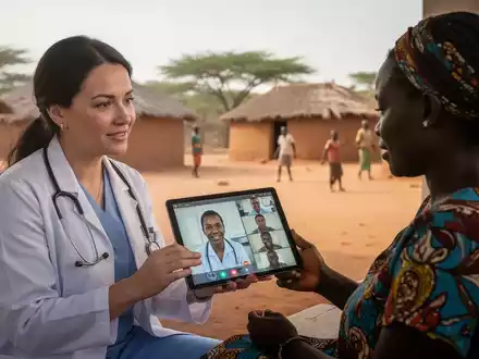 Eine Ärztin berät eine Patientin über einen Tablet-Bildschirm in einer Telemedizin-Sprechstunde in Afrika. - Foto: über boerse-global.de
