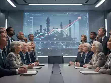 Eine Gruppe von Menschen betrachtet eine digitale Projektion, die den Rückgang von Industriearbeitsplätzen und den demografischen Wandel darstellt. - Foto: über boerse-global.de