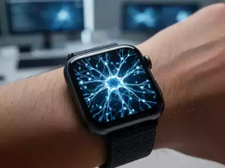 Apple Watch am Handgelenk mit leuchtend blauer KI-Grafik, unscharfer Tech-Arbeitsplatz im Hintergrund. - Foto: über boerse-global.de