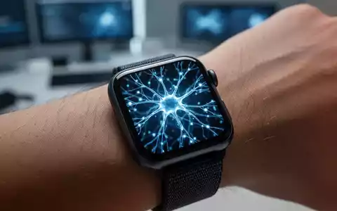 Apple Watch am Handgelenk mit leuchtend blauer KI-Grafik, unscharfer Tech-Arbeitsplatz im Hintergrund. - Foto: über boerse-global.de