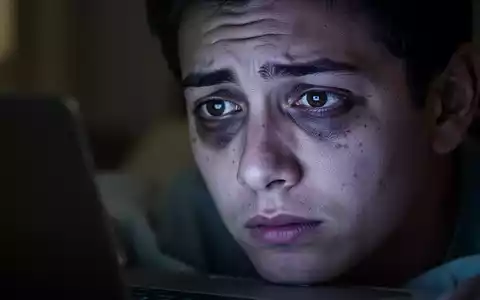 Nahaufnahme eines müden Gesichts mit Augenringen, beleuchtet vom Bildschirm eines Laptops in einem dunklen Raum, der Schlafmangel symbolisiert. - Foto: über boerse-global.de