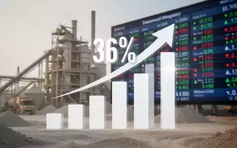 Ein stilisierter Pfeil zeigt einen Anstieg von 36% vor dem Hintergrund einer Zementfabrik und Finanzdaten. - Foto: über boerse-global.de