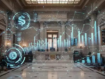 Digitale Oberfläche mit Kryptowährungssymbolen über traditioneller Banklobby, die die Verschmelzung von altem und neuem Bankwesen darstellt. - Foto: über boerse-global.de