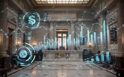 Digitale Oberfläche mit Kryptowährungssymbolen über traditioneller Banklobby, die die Verschmelzung von altem und neuem Bankwesen darstellt. - Foto: über boerse-global.de