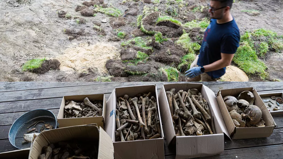 Kistenweise Knochen wurden in dem Garten entdeckt. - Bild: Moritz Frankenberg/dpa