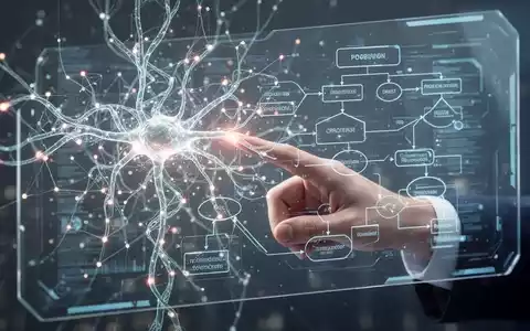 Eine Hand deutet auf ein komplexes Flussdiagramm auf einem leuchtenden Bildschirm, umgeben von einem abstrakten neuronalen Netz. - Foto: über boerse-global.de