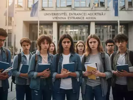 Junge Erwachsene vor einem modernen Universitätsgebäude in Wien, bereit für eine wichtige Aufnahmeprüfung. - Foto: über boerse-global.de