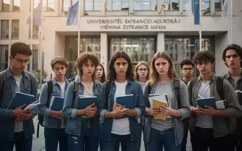 Junge Erwachsene vor einem modernen UniversitĂ€tsgebĂ€ude in Wien, bereit fĂŒr eine wichtige AufnahmeprĂŒfung. - Foto: ĂŒber boerse-global.de