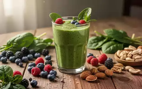Ein Glas gesunder Smoothie, umgeben von frischen Beeren, Spinat und Nüssen auf einem Holztisch, mit weichem Licht. - Foto: über boerse-global.de