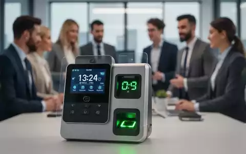 Nahaufnahme einer modernen biometrischen Zeiterfassungsuhr mit unscharfem Hintergrund von Büroangestellten. - Foto: über boerse-global.de