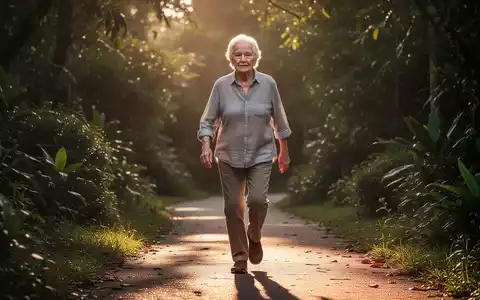 Eine ältere Person geht zügig auf einem Weg, umgeben von grüner Natur, während die Sonne lange Schatten wirft. - Foto: über boerse-global.de