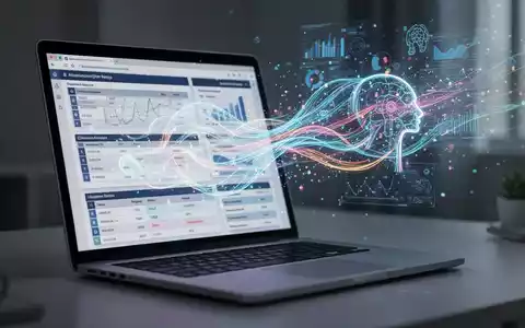 Holografische Datenströme von einem Laptop-Bildschirm, die digitale Anwesenheitsberichte und KI-Funktionen in Microsoft Teams darstellen. - Foto: über boerse-global.de