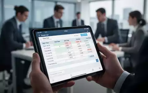Nahaufnahme einer Hand, die ein Tablet mit einer digitalen Stundentabelle hält, im Hintergrund verschwommene Büroangestellte. - Foto: über boerse-global.de