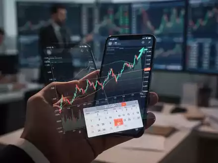 Eine Hand hält ein Smartphone mit einem Aktienchart und einem Kalender, der den 30. Dezember hervorhebt. - Foto: über boerse-global.de