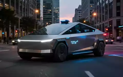 Ein schlankes, futuristisches Tesla Cybercab-Robotaxi fährt in der Dämmerung autonom durch eine Stadtstraße. - Foto: über boerse-global.de