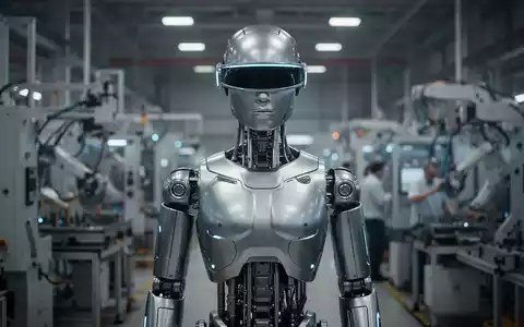 Moderner humanoider Roboter mit neutralem Visier in einer Fertigungsanlage, Symbol für Arbeitsautomatisierung. - Foto: über boerse-global.de