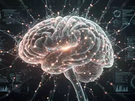 Eine futuristische, leuchtende Darstellung eines Gehirns mit vernetzten neuronalen Bahnen, die digitale Schnittstellenelemente integrieren. - Foto: über boerse-global.de