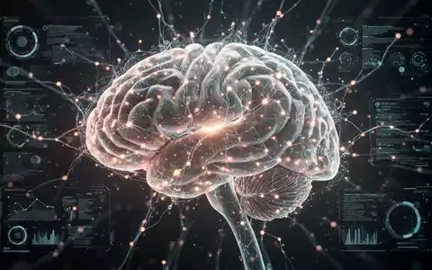 Eine futuristische, leuchtende Darstellung eines Gehirns mit vernetzten neuronalen Bahnen, die digitale Schnittstellenelemente integrieren. - Foto: über boerse-global.de