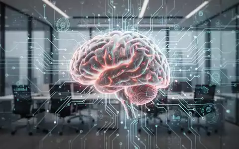 Ein stilisiertes menschliches Gehirn, das mit leuchtenden neuronalen Pfaden in ein digitales Netzwerk von KI-Datenströmen integriert ist. - Foto: über boerse-global.de