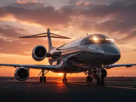 Ein eleganter Privatjet auf einem Rollfeld vor einem dramatischen Sonnenuntergang. Die Triebwerke des Jets sind sichtbar. - Foto: über boerse-global.de