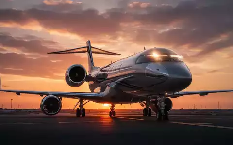 Ein eleganter Privatjet auf einem Rollfeld vor einem dramatischen Sonnenuntergang. Die Triebwerke des Jets sind sichtbar. - Foto: über boerse-global.de