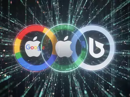 Drei ineinandergreifende Logos von Google, Apple und Bing, umgeben von leuchtenden Datenströmen, symbolisieren Integration. - Foto: über boerse-global.de