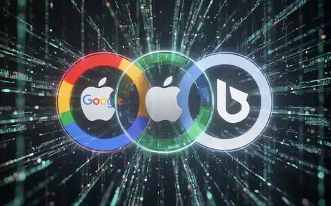 Drei ineinandergreifende Logos von Google, Apple und Bing, umgeben von leuchtenden Datenströmen, symbolisieren Integration. - Foto: über boerse-global.de